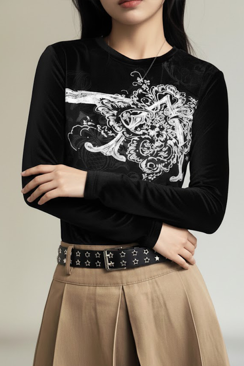 Siyah Vintage Punk Patterned Y2K Uzun Kollu Crop