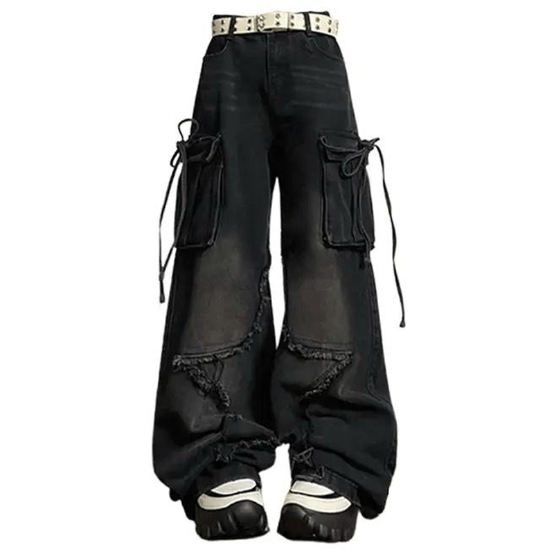 Siyah Yıldız Yamalı Vintage Kargo Cepli Baggy Kot Pantolon