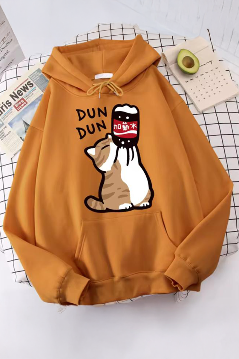 Turuncu Cat Drink Dun Dun Y2K Kapüşonlu Unisex Sweatshirt