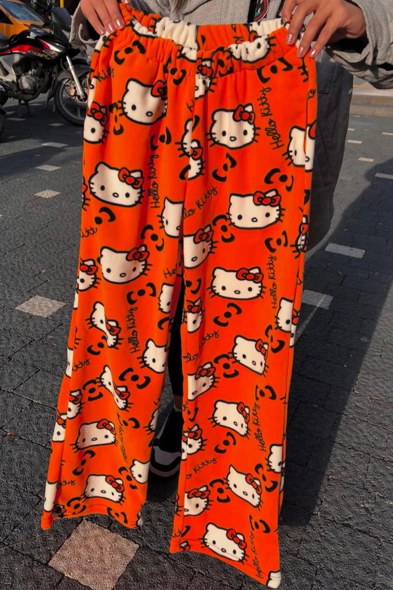 Turuncu Hello Kitty Collage Halloween Peluş Eşofman