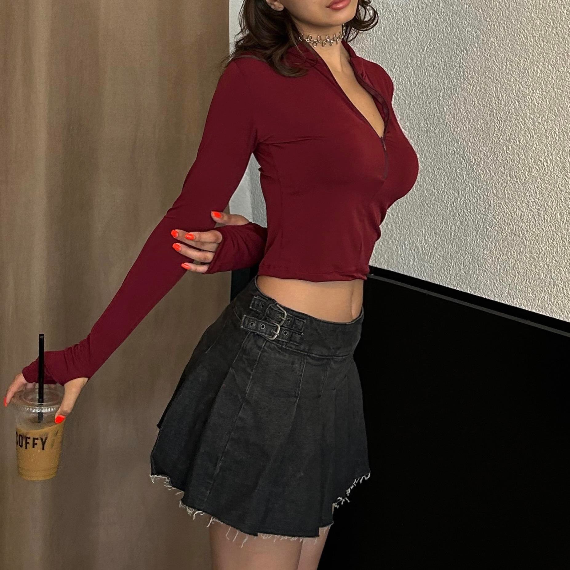 Yeni Düz Bordo Balıkçı Yaka Yarım Fermuarlı Kesik Parmaklı Uzun Kollu Crop