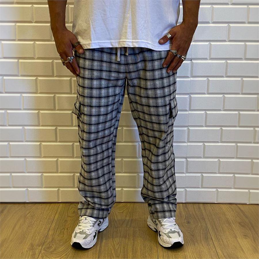 Yeni Kargo Cepli Ekoseli Gri Rahat Pantolon