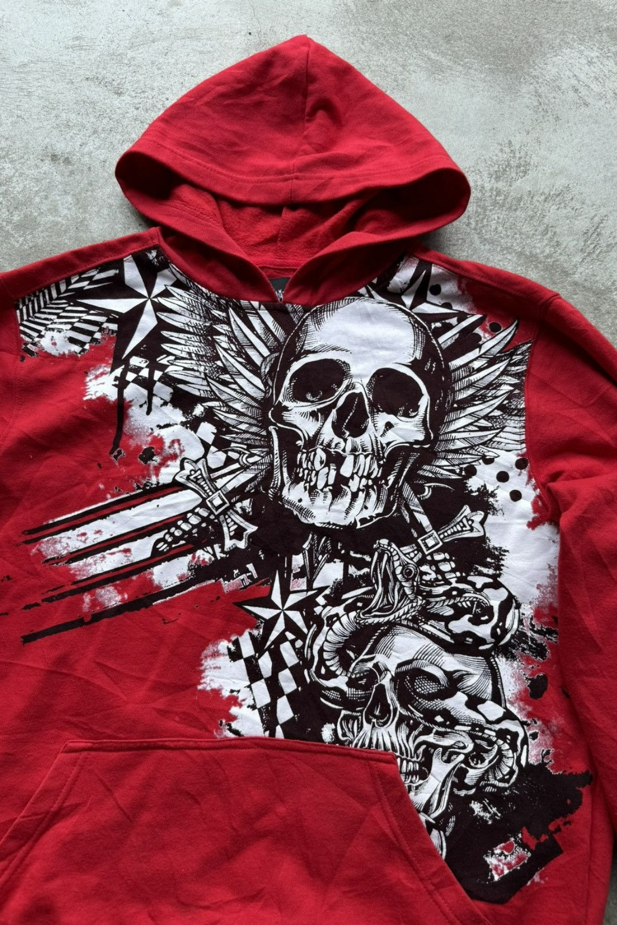 Yeni Kırmızı Affliction Ancient Skull And Dagger Kapüşonlu Sweatshirt