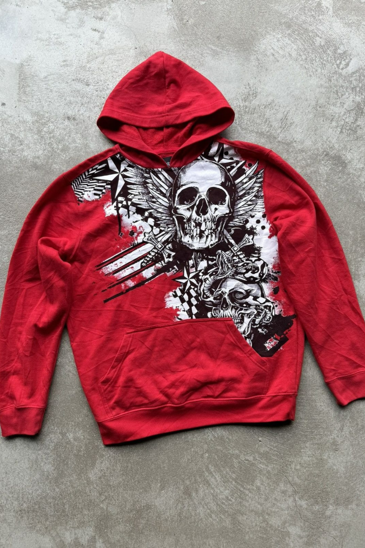 Yeni Kırmızı Affliction Ancient Skull And Dagger Kapüşonlu Sweatshirt