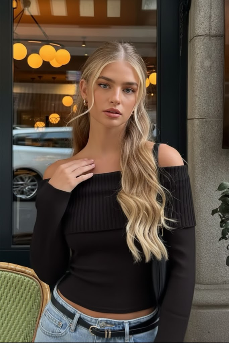 Yeni Siyah Şeritli Madonna Yaka Omuz Dekolteli Y2K Triko Uzun Kollu Crop 