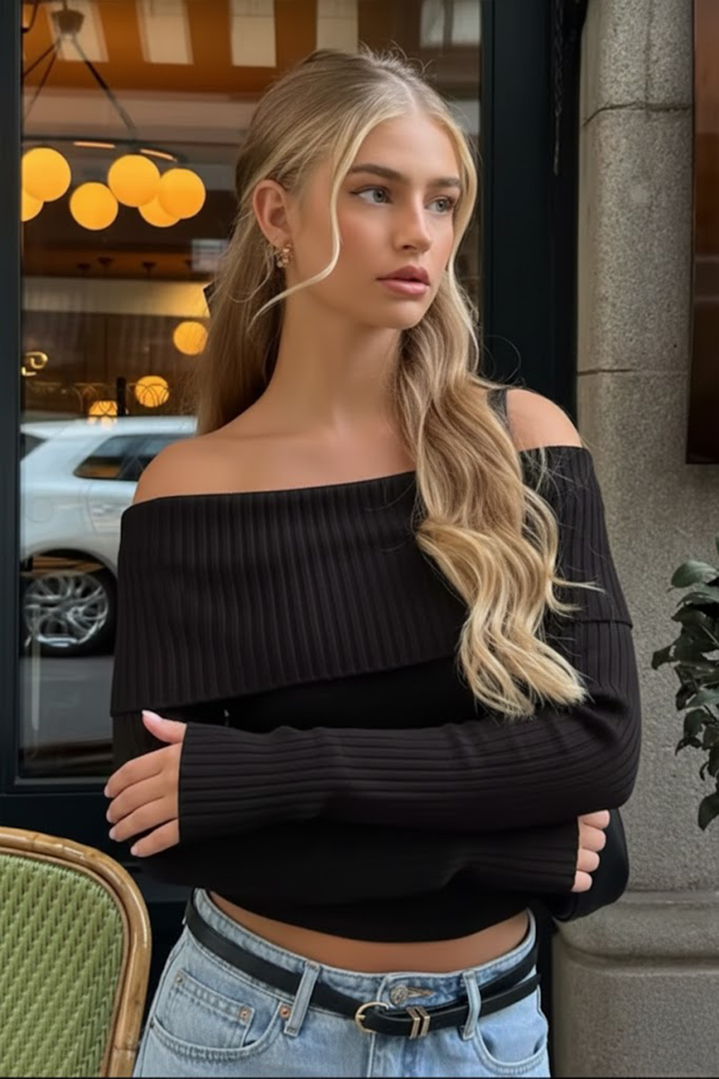 Yeni Siyah Şeritli Madonna Yaka Omuz Dekolteli Y2K Triko Uzun Kollu Crop 