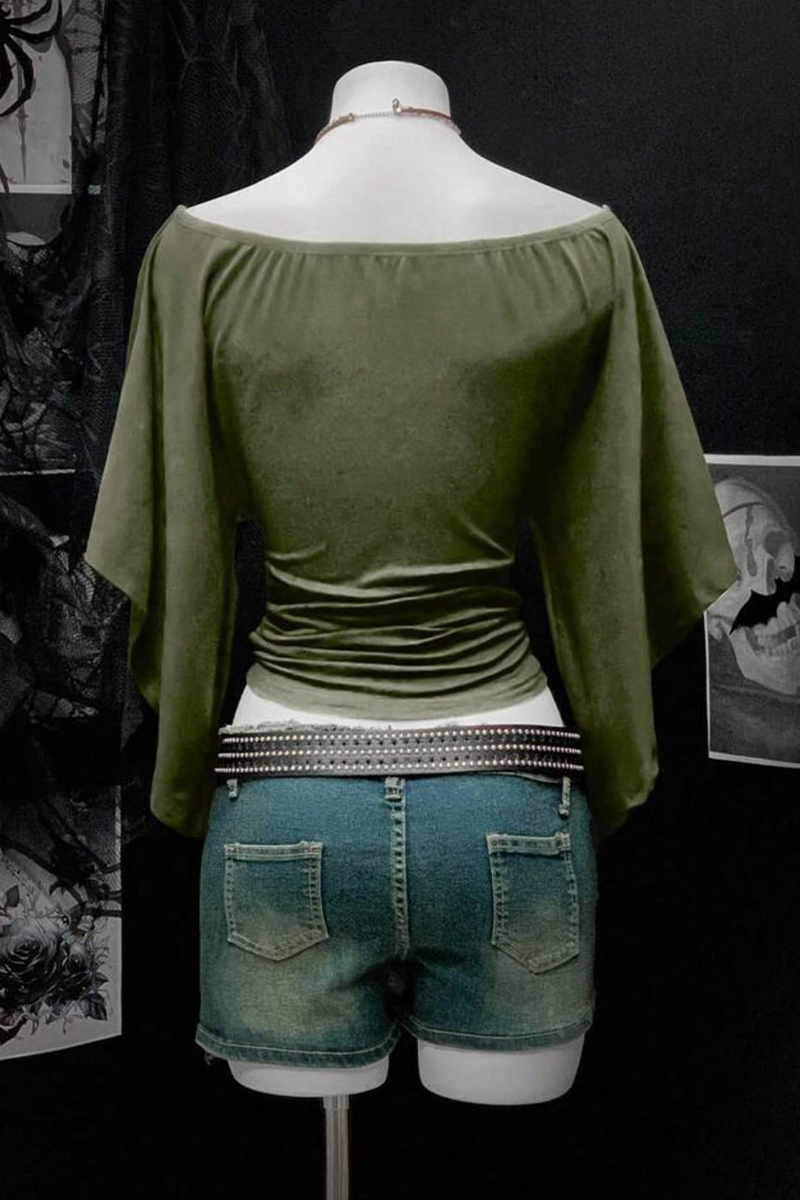 Yeşil Madonna Yaka Yarasa Kol Düz Y2K Uzun Kollu Crop