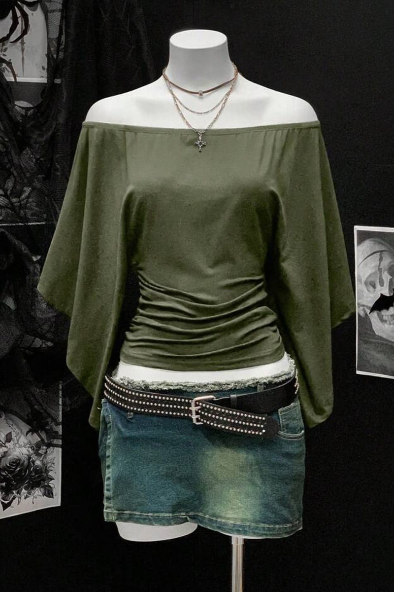 Yeşil Madonna Yaka Yarasa Kol Düz Y2K Uzun Kollu Crop