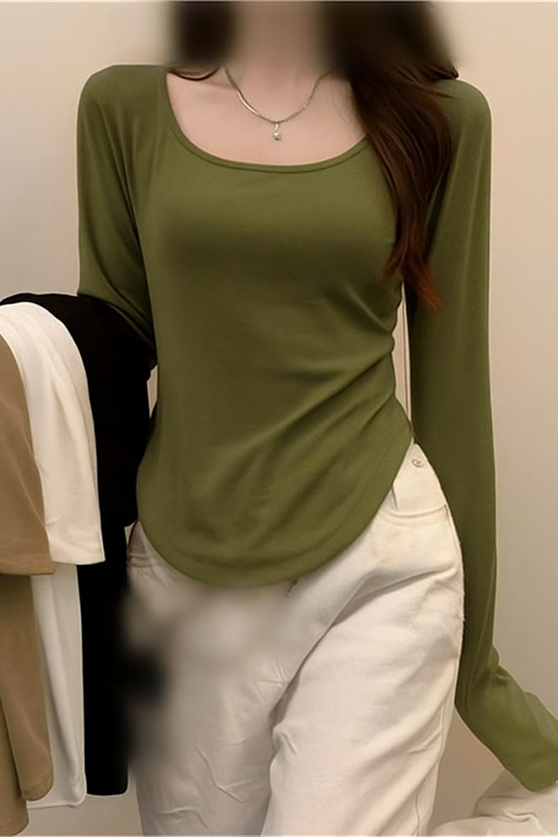 Yeşil Yeni Basic Y2K Uzun Kollu Crop