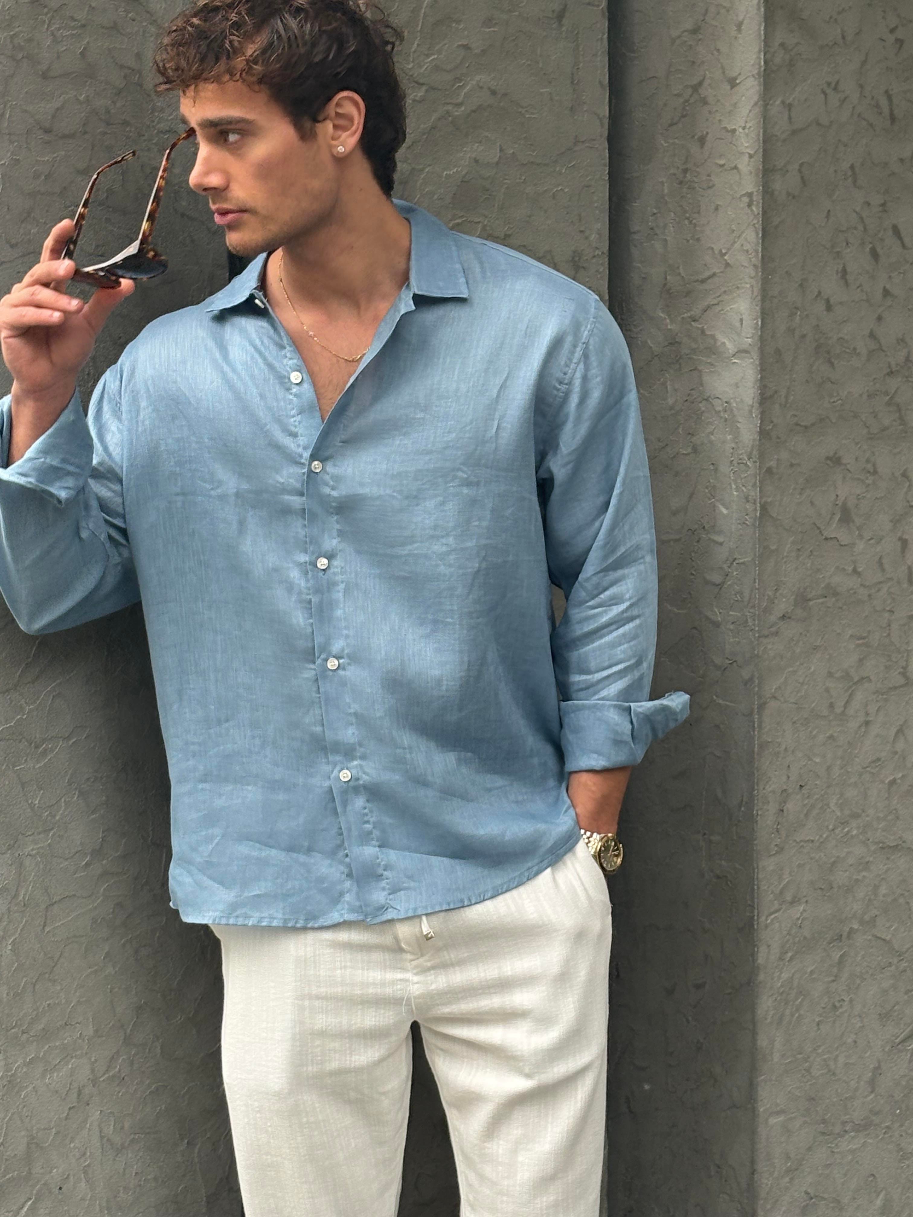 Bian %100 Keten Gömlek Mavi
