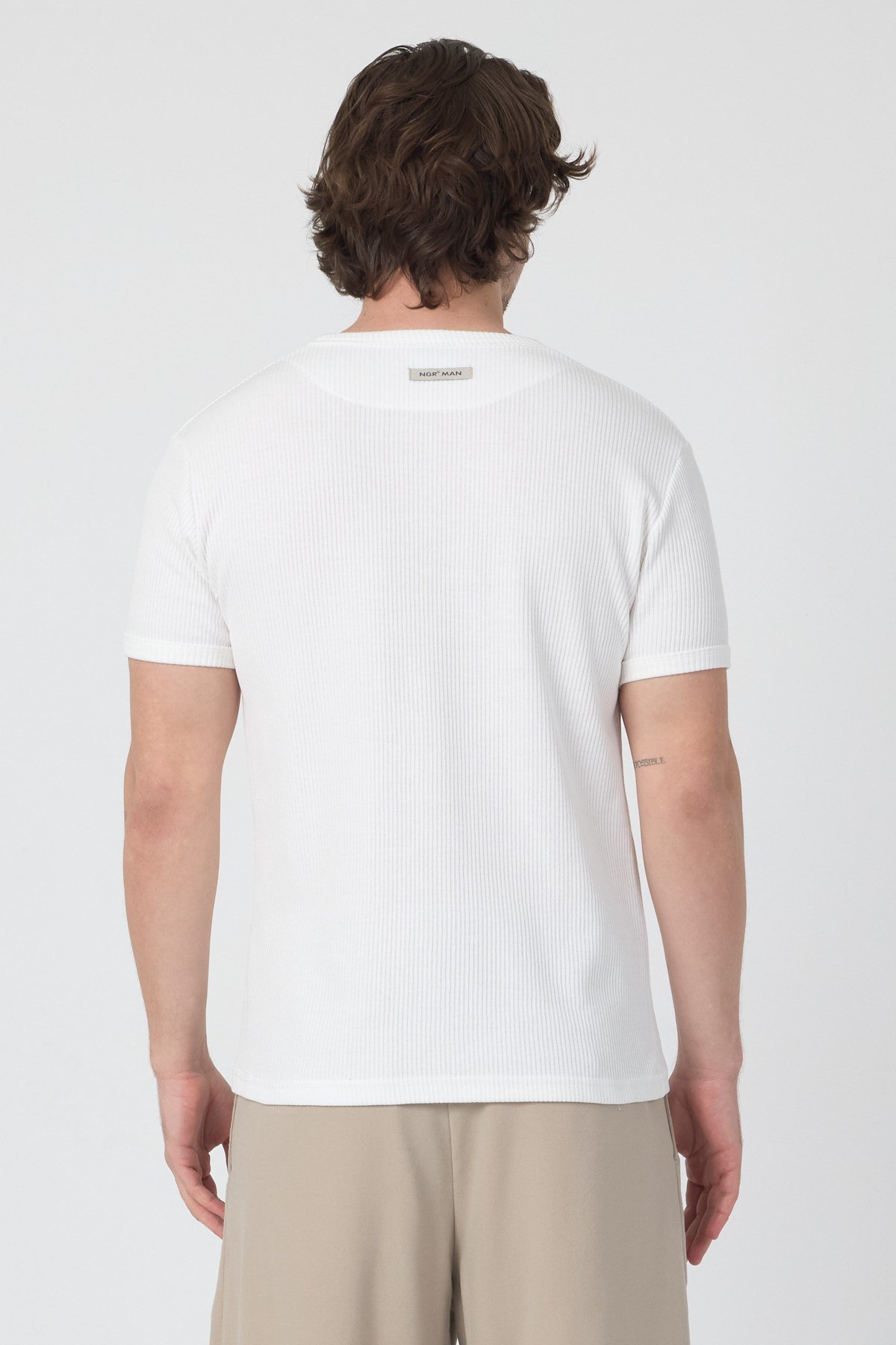 erkek-Erkek Fitilli İnterlok Yaka Düğmeli Tshirt Beyaz-