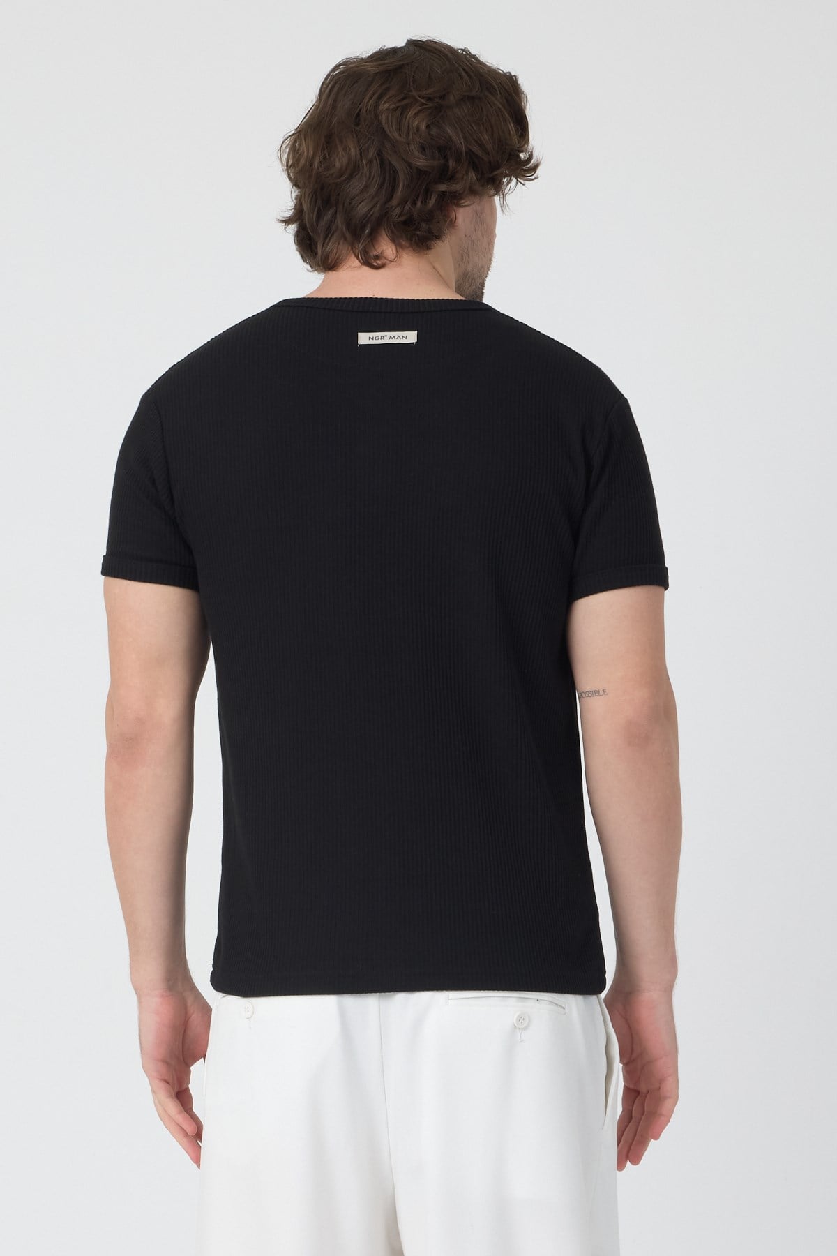 erkek-Erkek Fitilli İnterlok Yaka Düğmeli Tshirt Siyah-