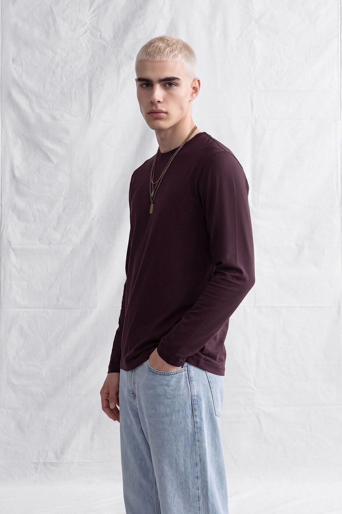 erkek-Erkek Horgen Basic Uzun Kol T-Shirt Bordo-