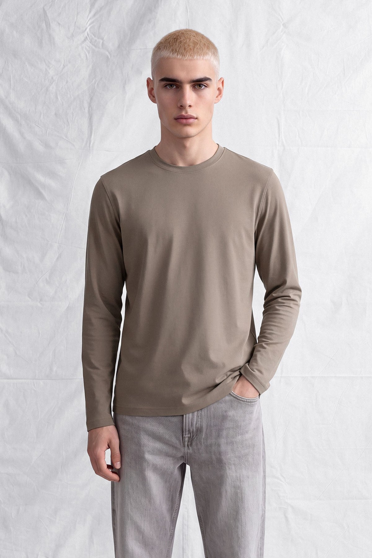erkek-Erkek Horgen Basic Uzun Kol T-Shirt Vizon-