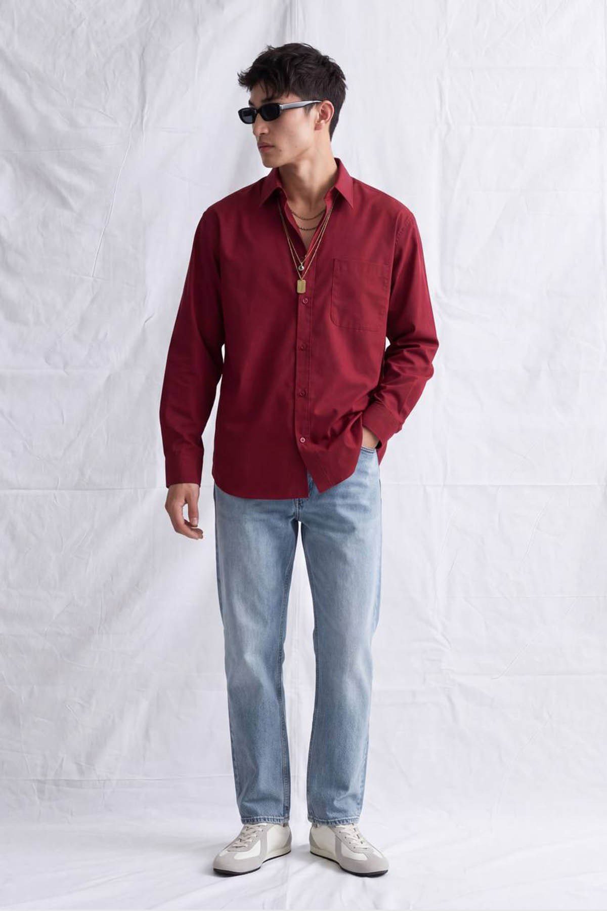 erkek-Erkek Lugano Oversize Cepli Gömlek Bordo-