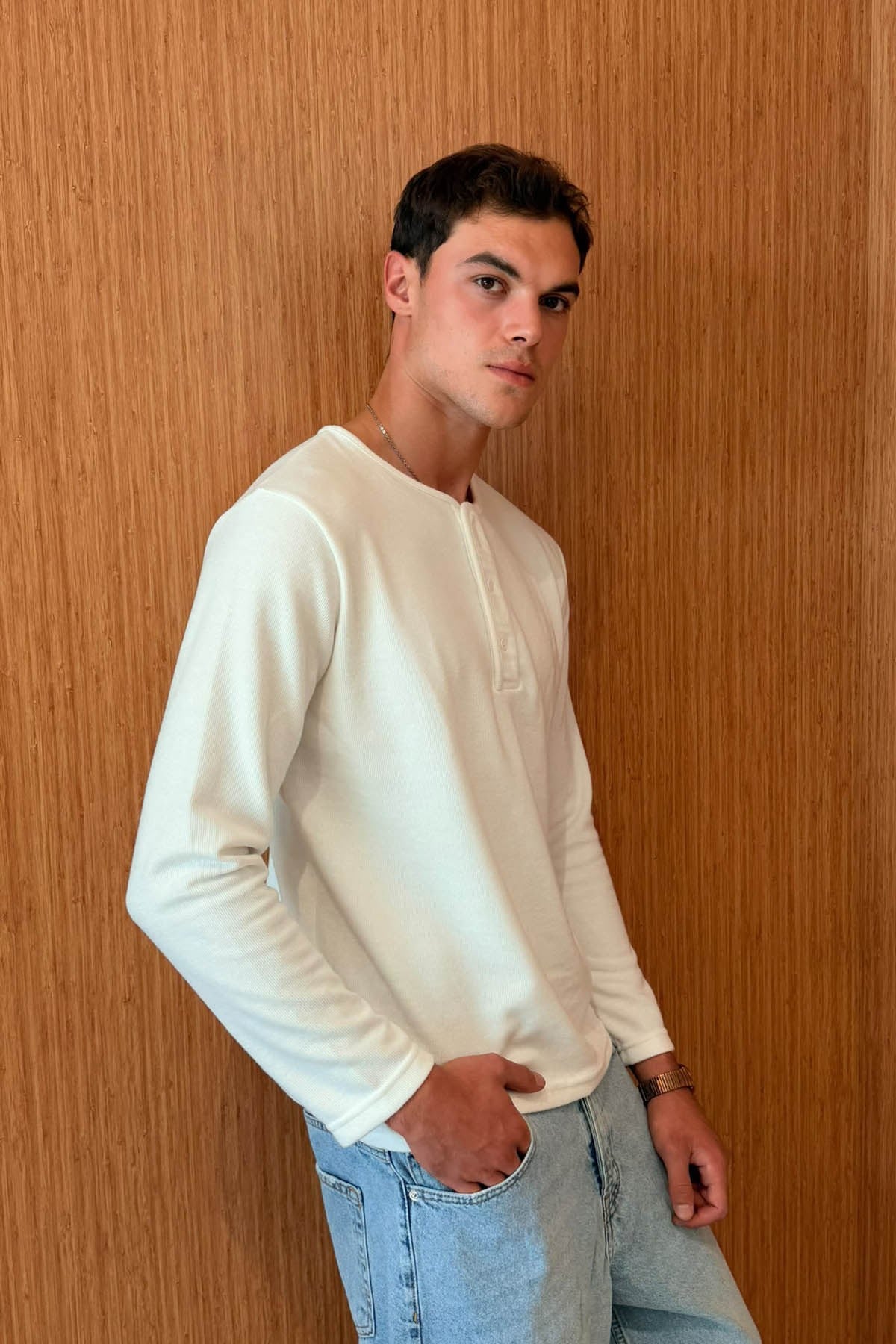 erkek-Erkek Sierre Henley Yaka Selanik T-Shirt Beyaz-
