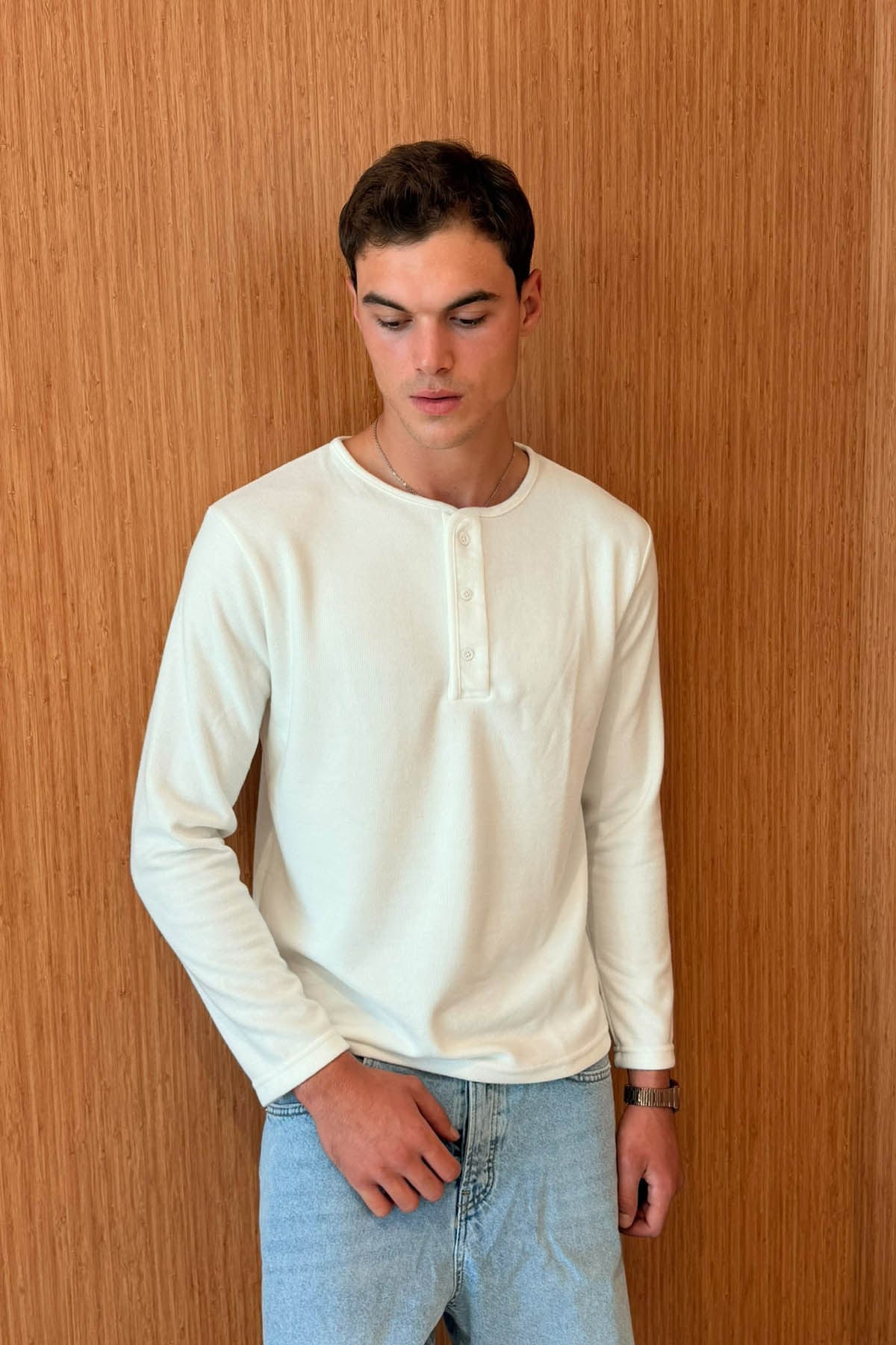 erkek-Erkek Sierre Henley Yaka Selanik T-Shirt Beyaz-