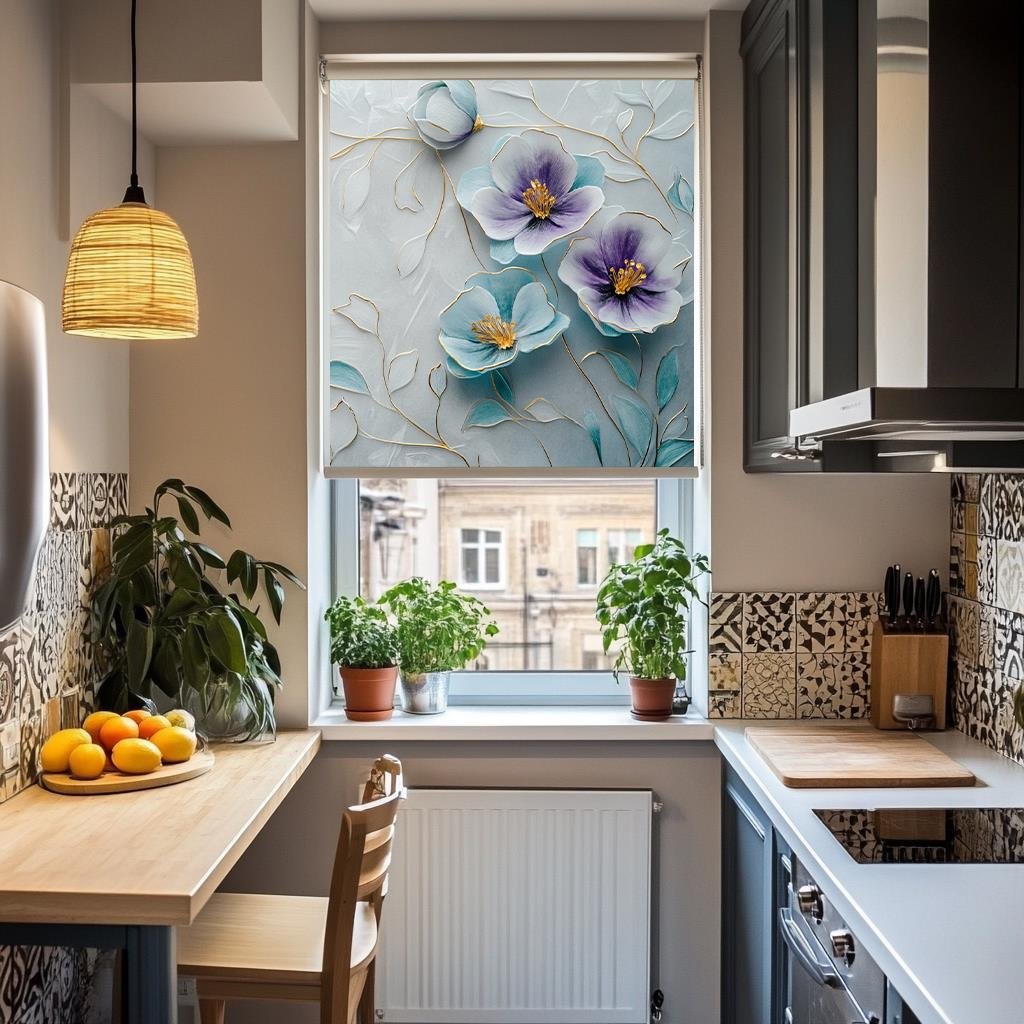 Altın Detaylı Pastel Çiçekler 3D Stor Perde