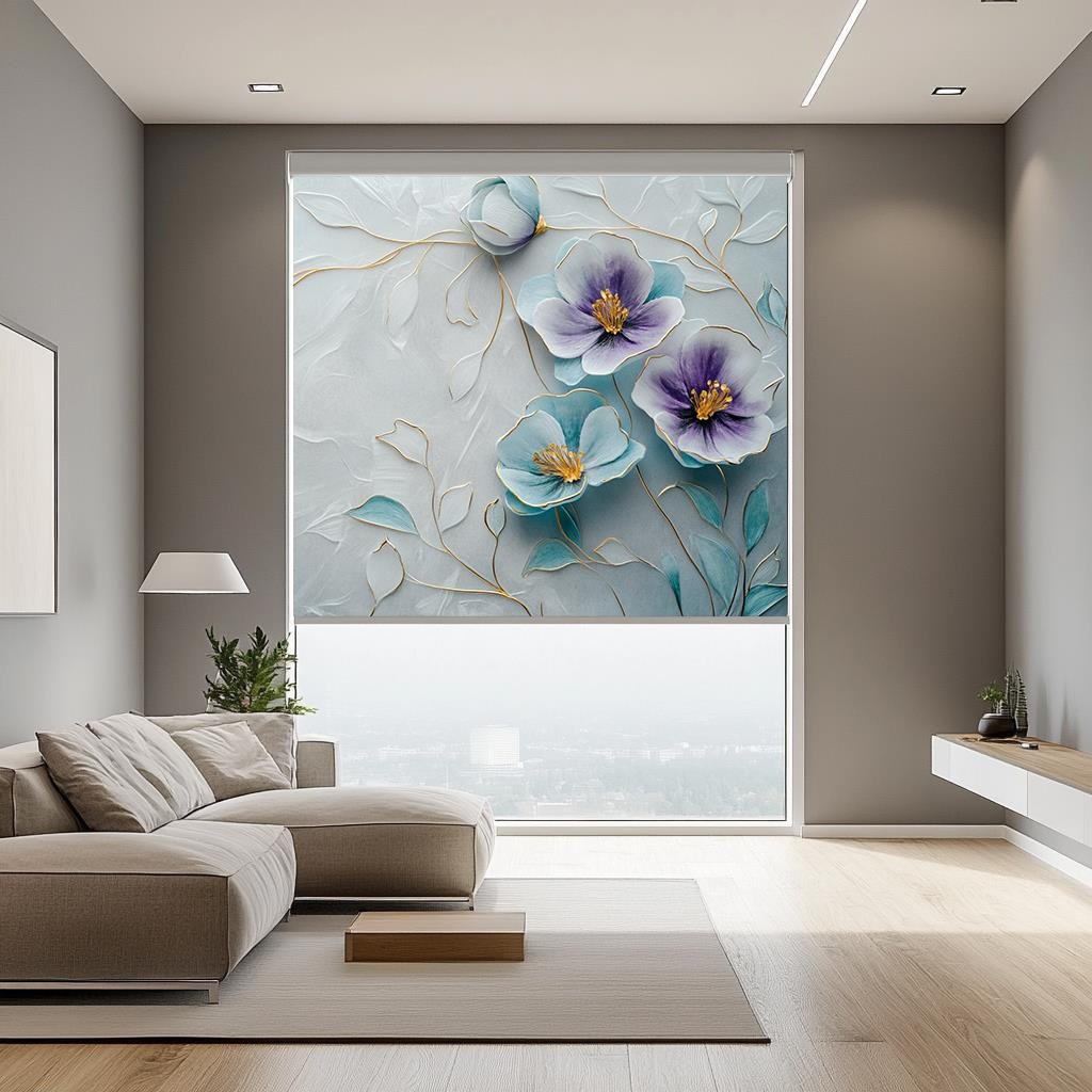 Altın Detaylı Pastel Çiçekler 3D Stor Perde