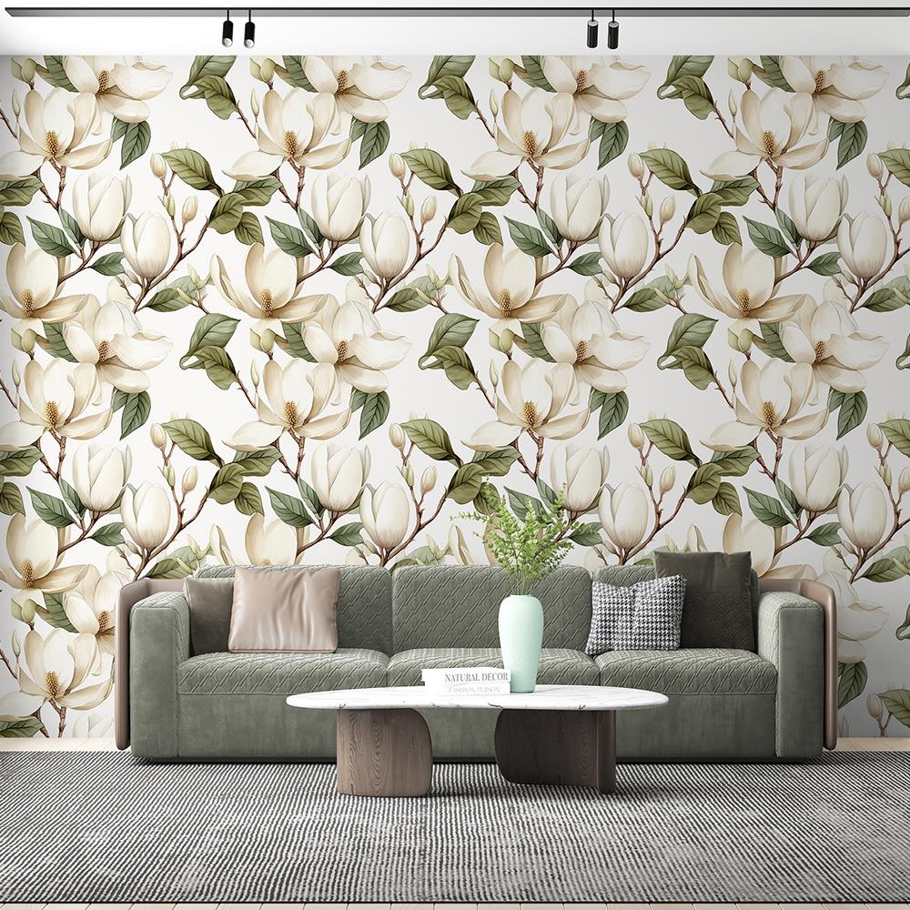Beyaz Magnolya Desenli Duvar Kağıdı