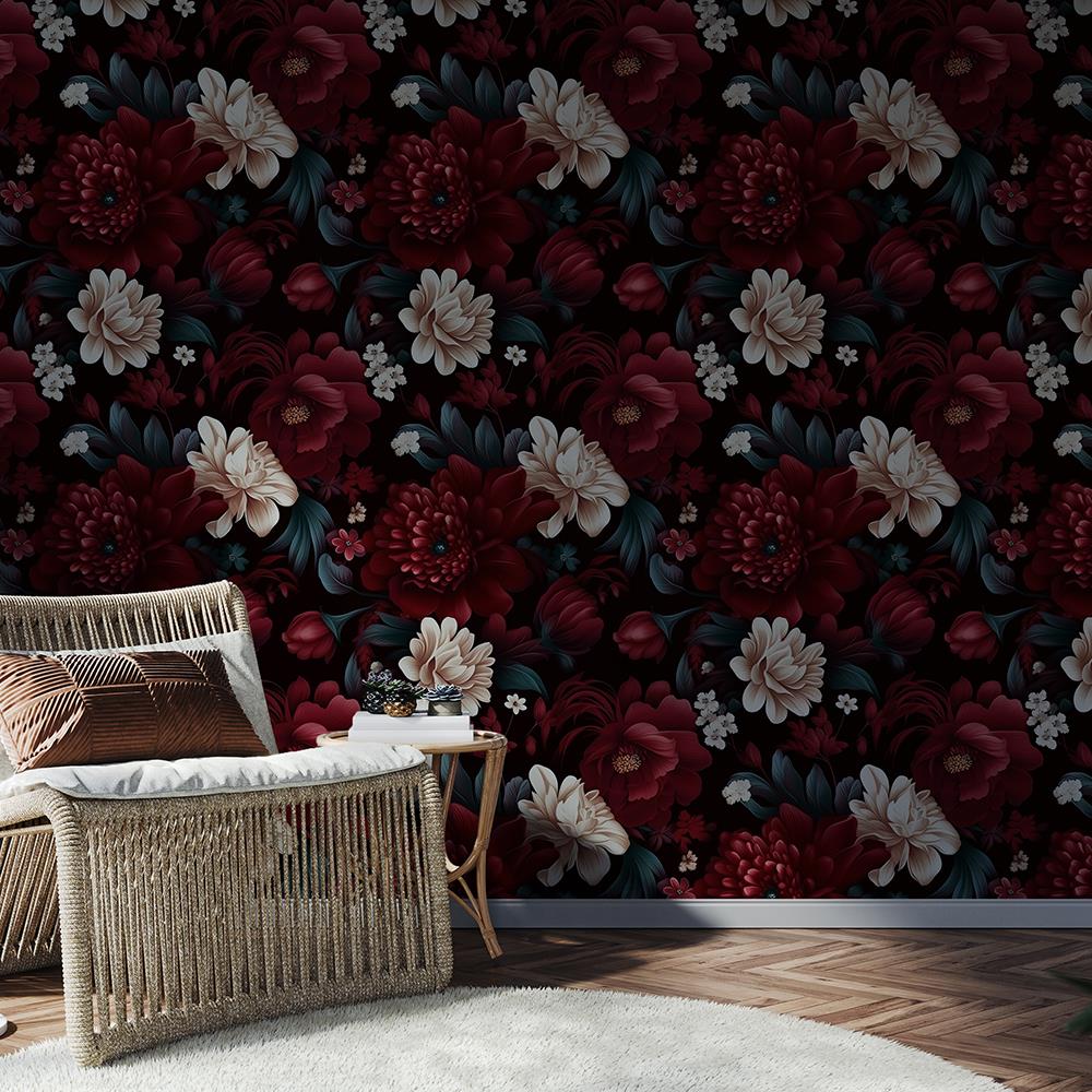 Bordo Beyaz Çiek Desenli Duvar Kağıdı