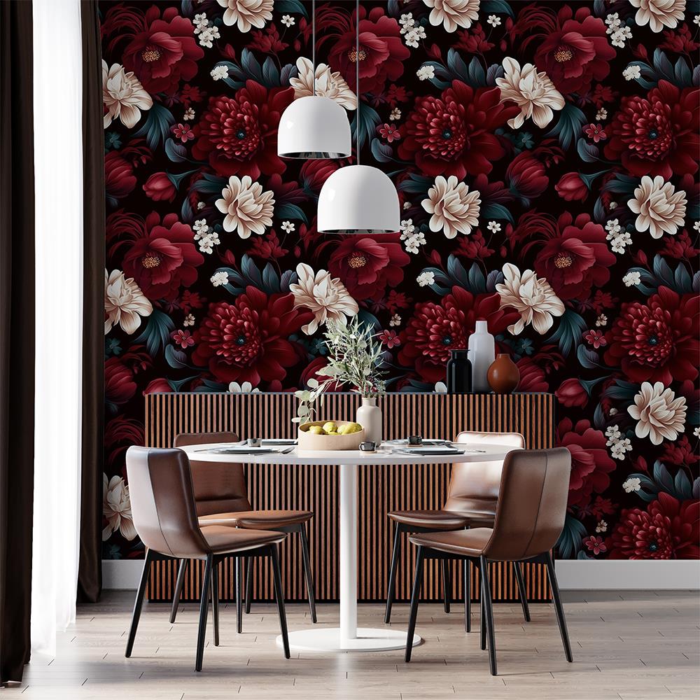 Bordo Beyaz Çiek Desenli Duvar Kağıdı