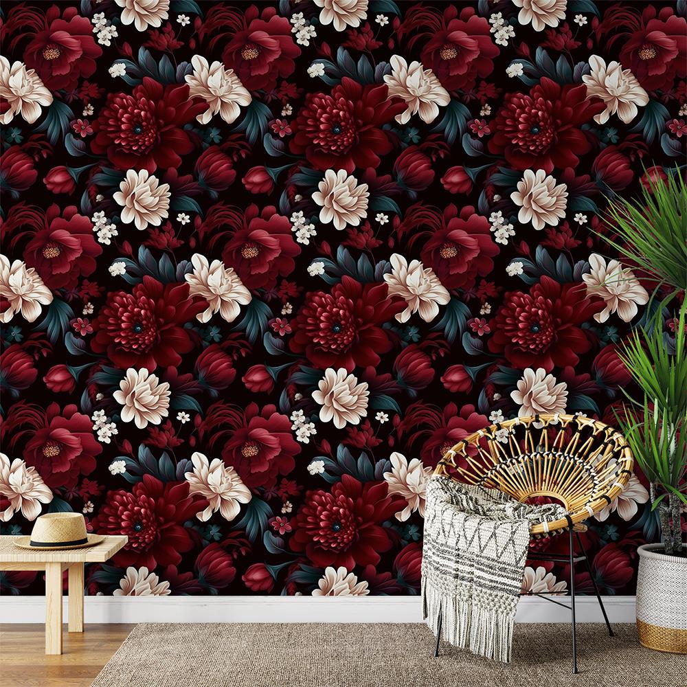 Bordo Beyaz Çiek Desenli Duvar Kağıdı