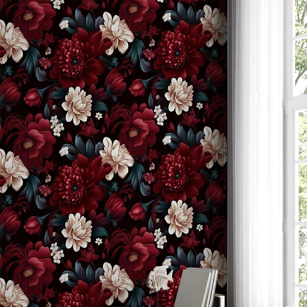 Bordo Beyaz Çiek Desenli Duvar Kağıdı