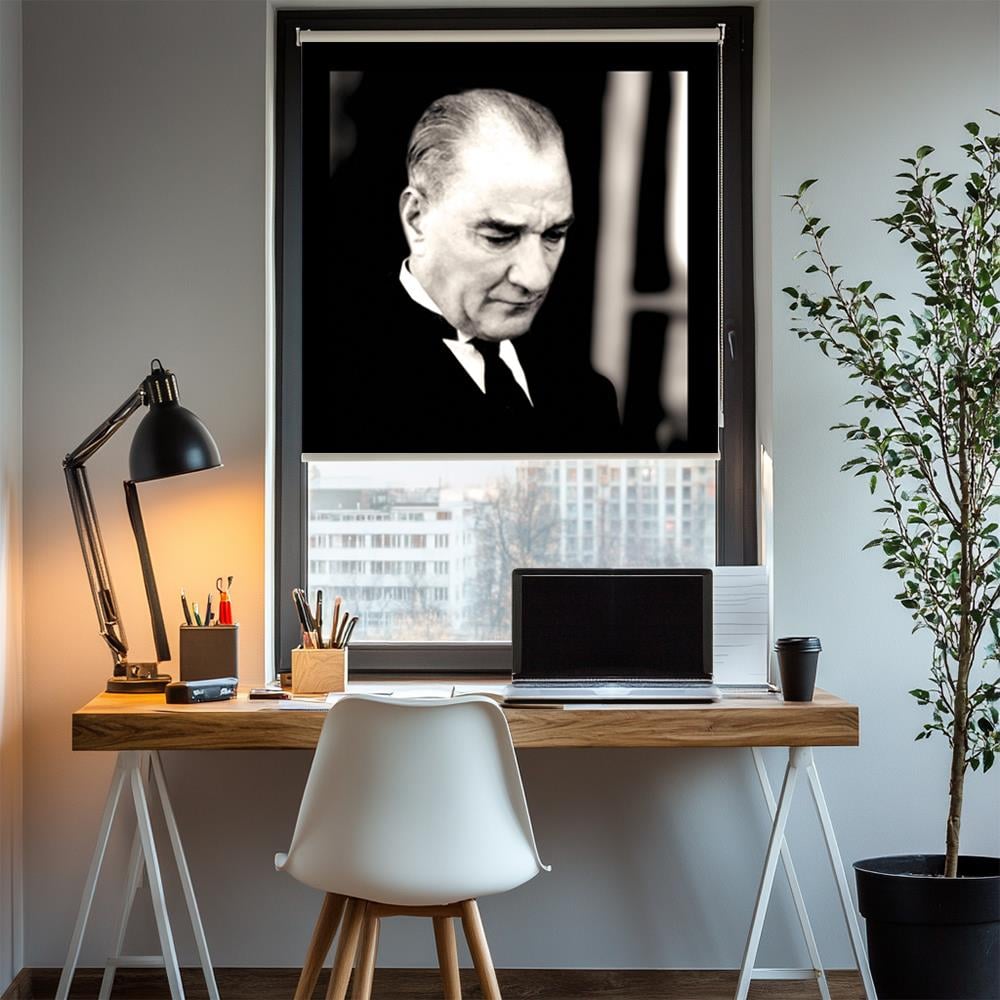 Çay Kahve İçerken Atatürk Posterli Stor Perde