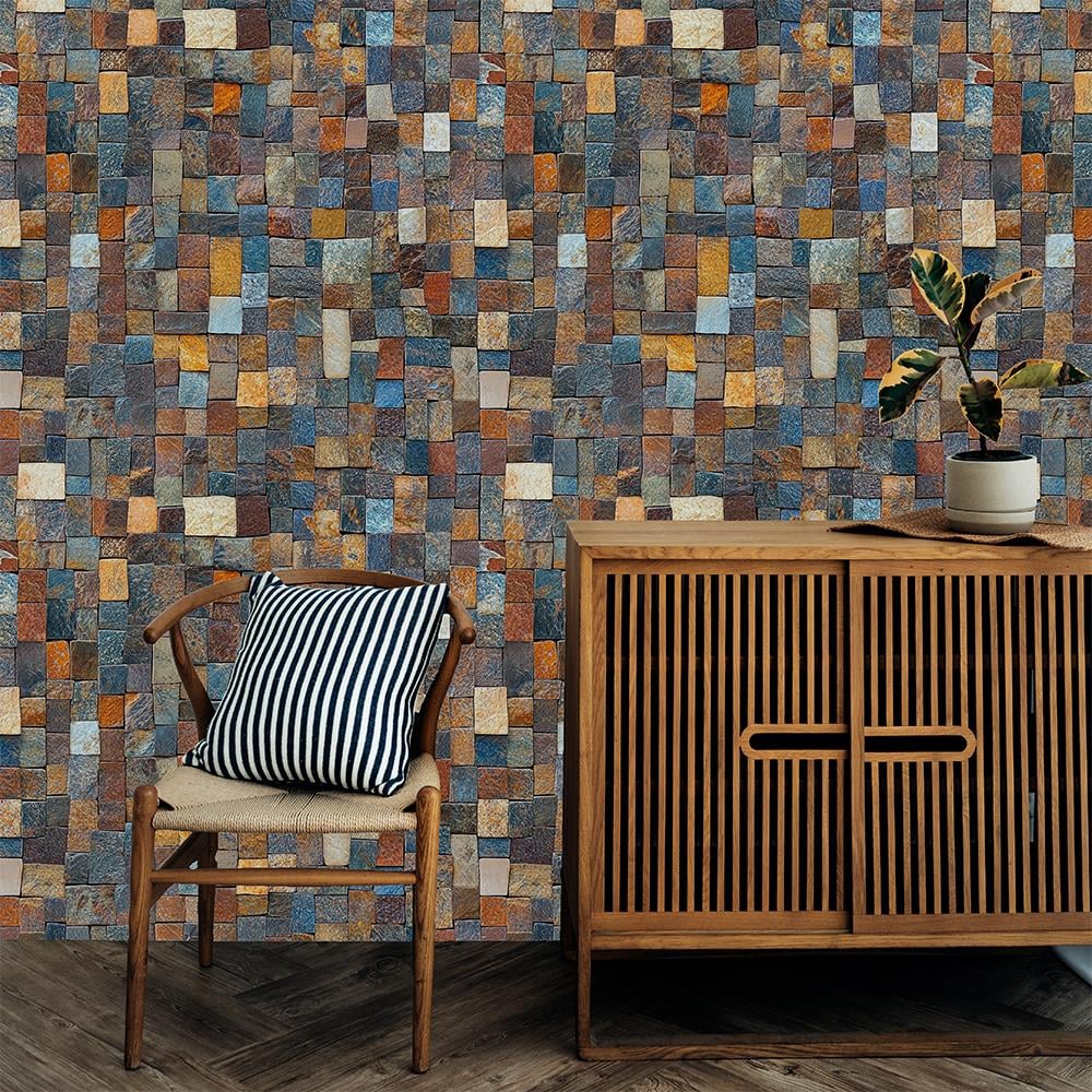 Çok Renkli Mozaik Taş Desenli Duvar Kağıdı
