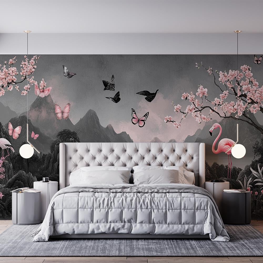 Gece Siyahı Flamingo ve Çiçekler Duvar Kağıdı