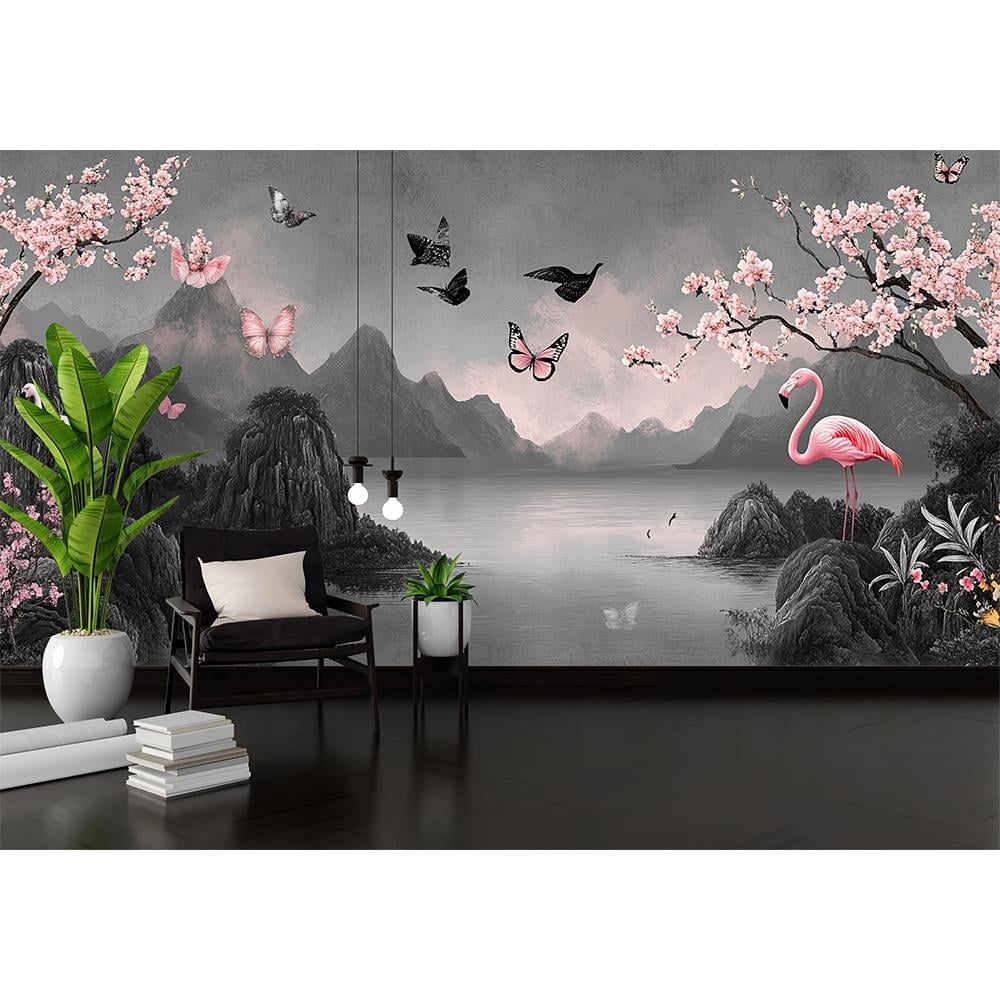 Gece Siyahı Flamingo ve Çiçekler Duvar Kağıdı