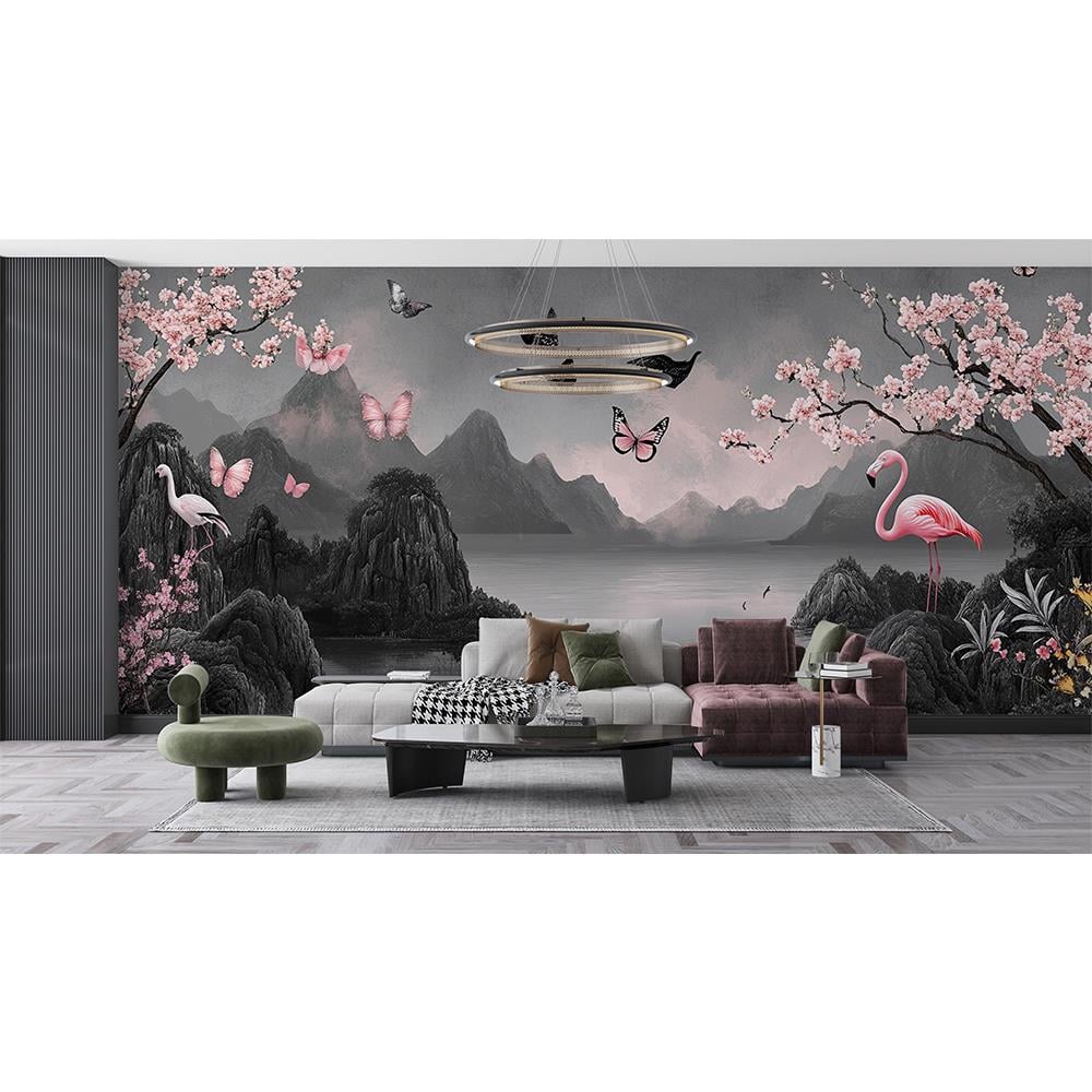 Gece Siyahı Flamingo ve Çiçekler Duvar Kağıdı