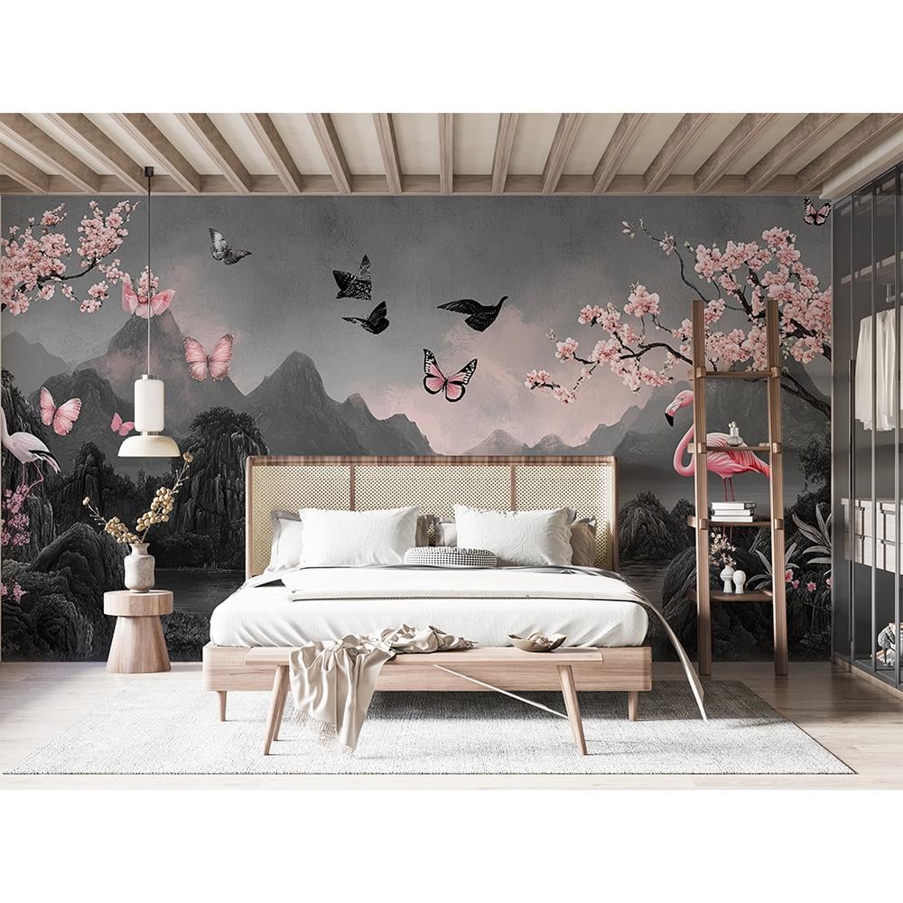 Gece Siyahı Flamingo ve Çiçekler Duvar Kağıdı