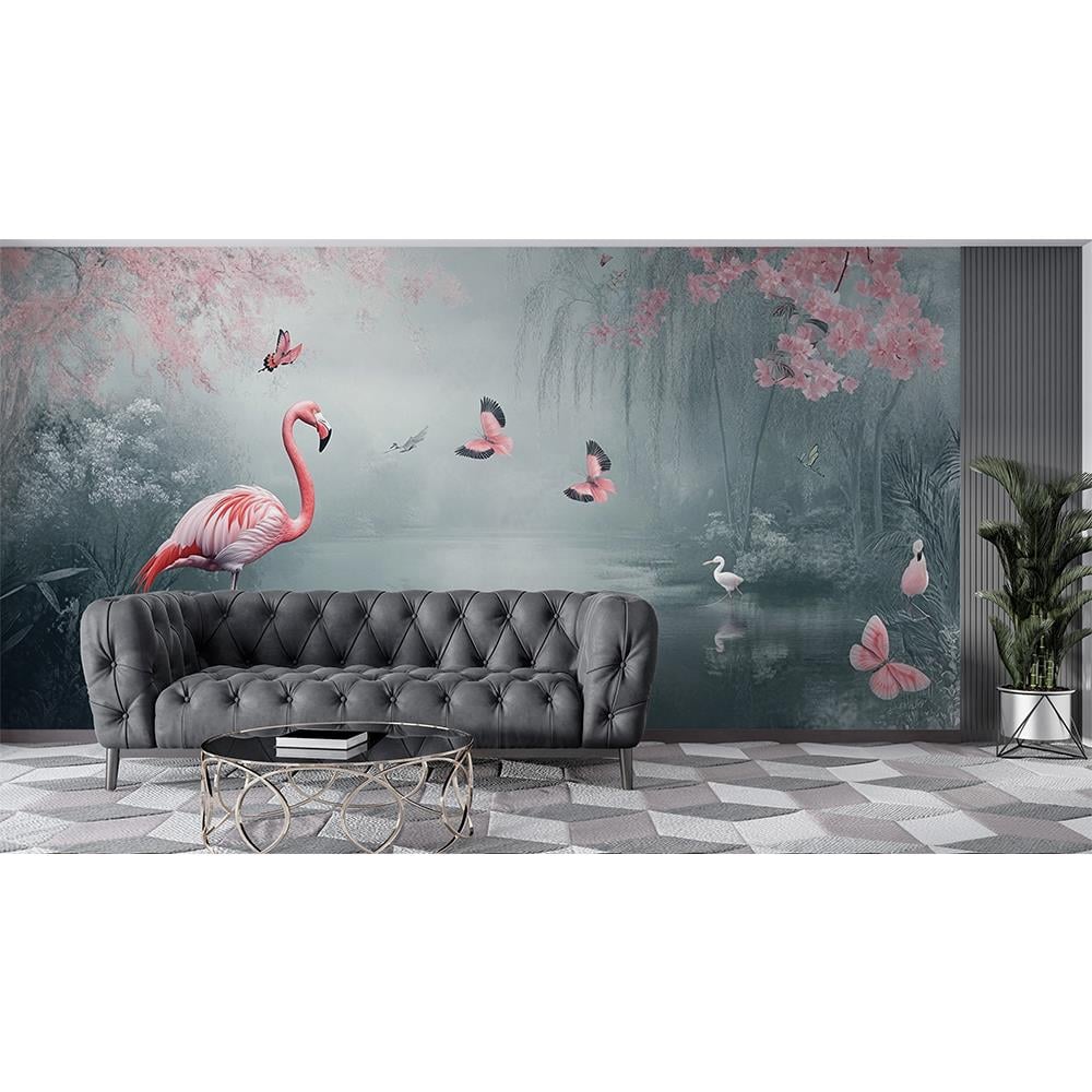 Göl Kenarında Flamingo ve Pembe Kuşlar duvar kağıdı