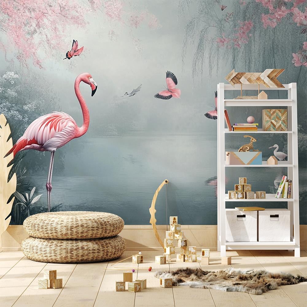 Göl Kenarında Flamingo ve Pembe Kuşlar duvar kağıdı