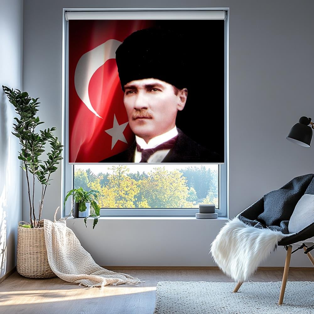 Kalpaklı Türk Bayraklı Ataturk Posterli Stor Perde