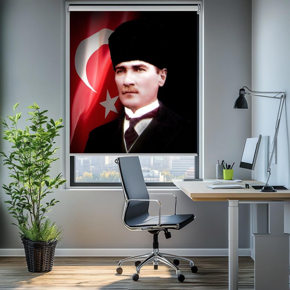 Kalpaklı Türk Bayraklı Ataturk Posterli Stor Perde