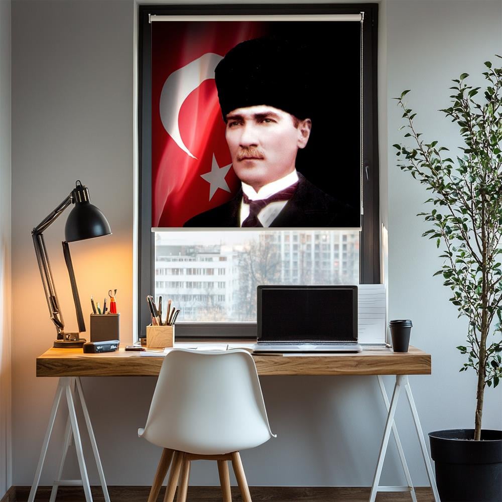 Kalpaklı Türk Bayraklı Ataturk Posterli Stor Perde