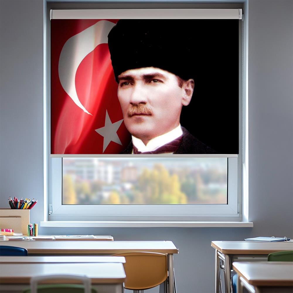 Kalpaklı Türk Bayraklı Ataturk Posterli Stor Perde
