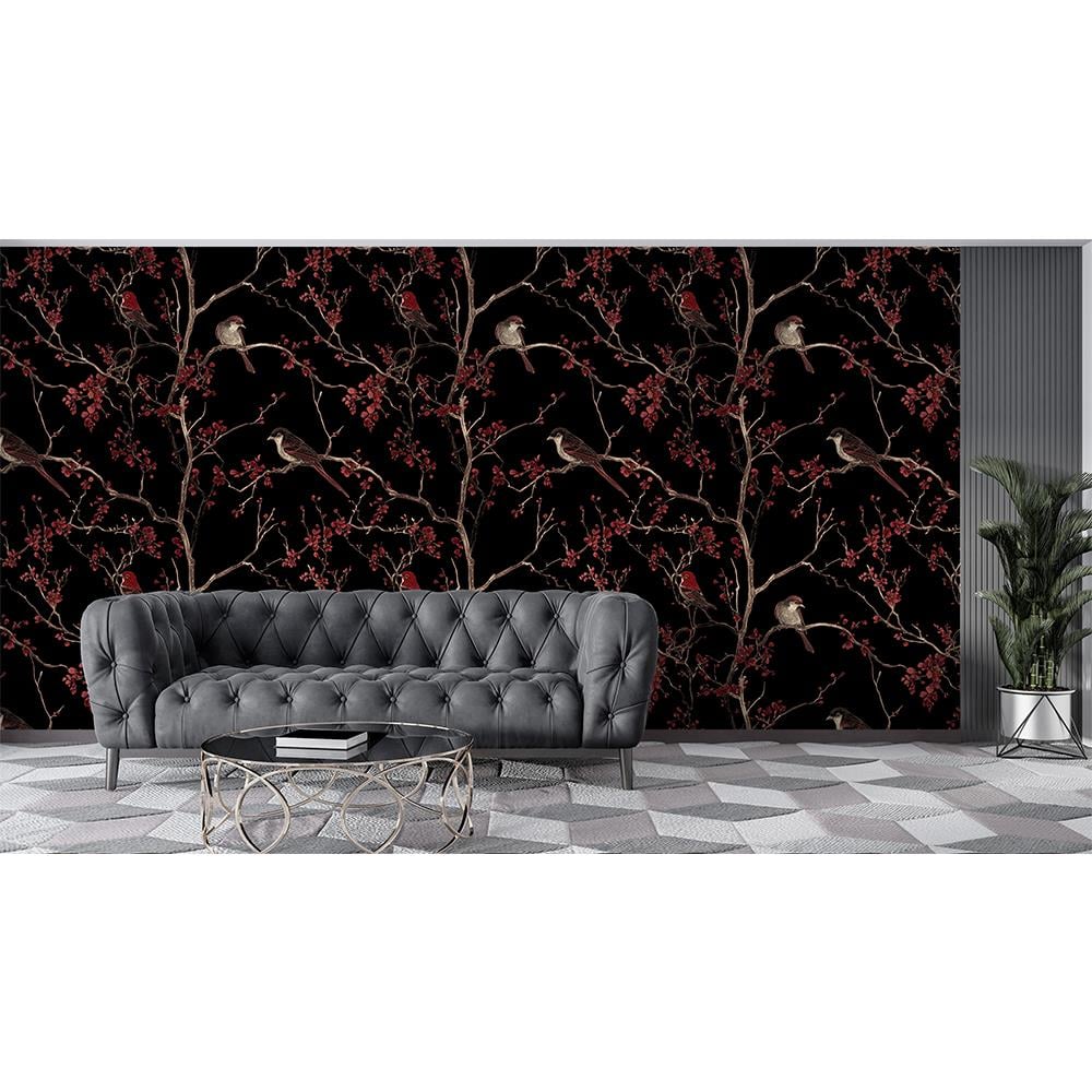 Kırmızı Çiçek ve Kuş Desenli Siyah Duvar Kağıdı