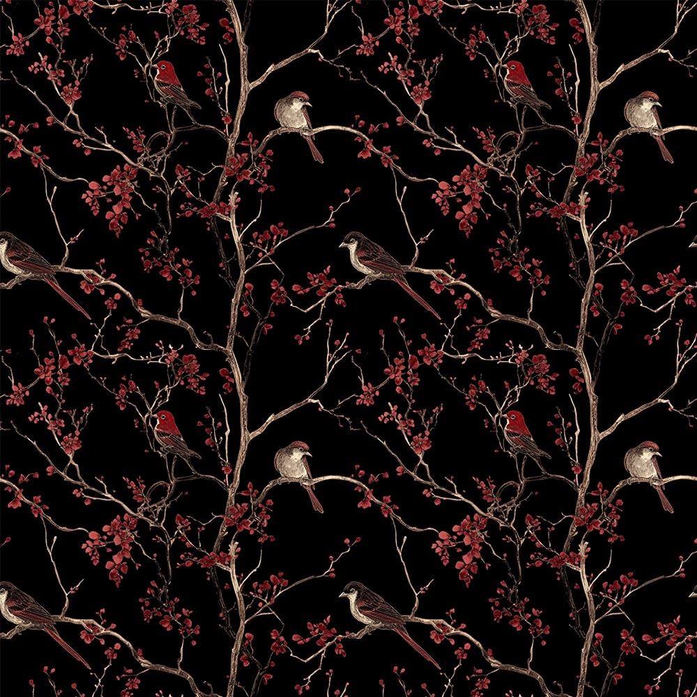 Kırmızı Çiçek ve Kuş Desenli Siyah Duvar Kağıdı