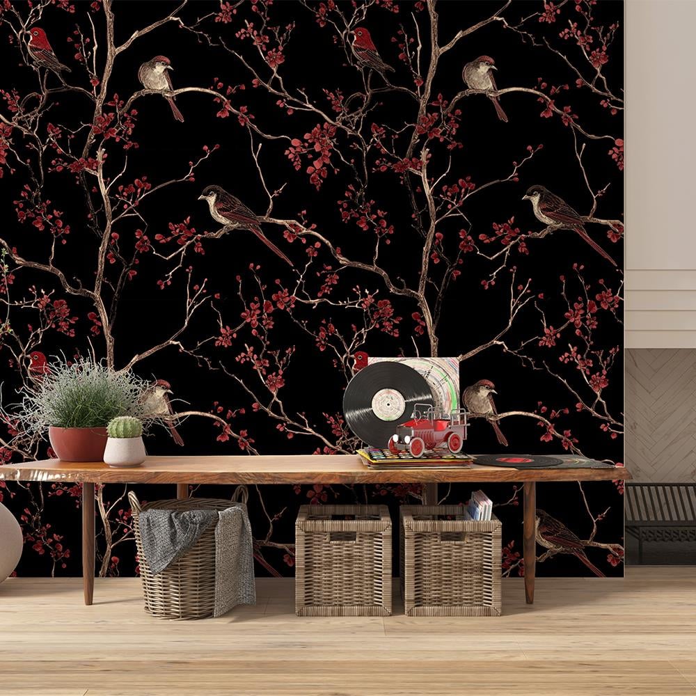 Kırmızı Çiçek ve Kuş Desenli Siyah Duvar Kağıdı