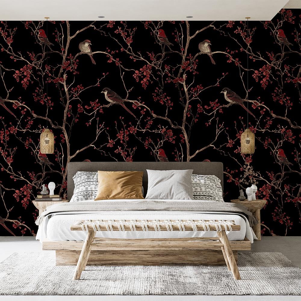 Kırmızı Çiçek ve Kuş Desenli Siyah Duvar Kağıdı