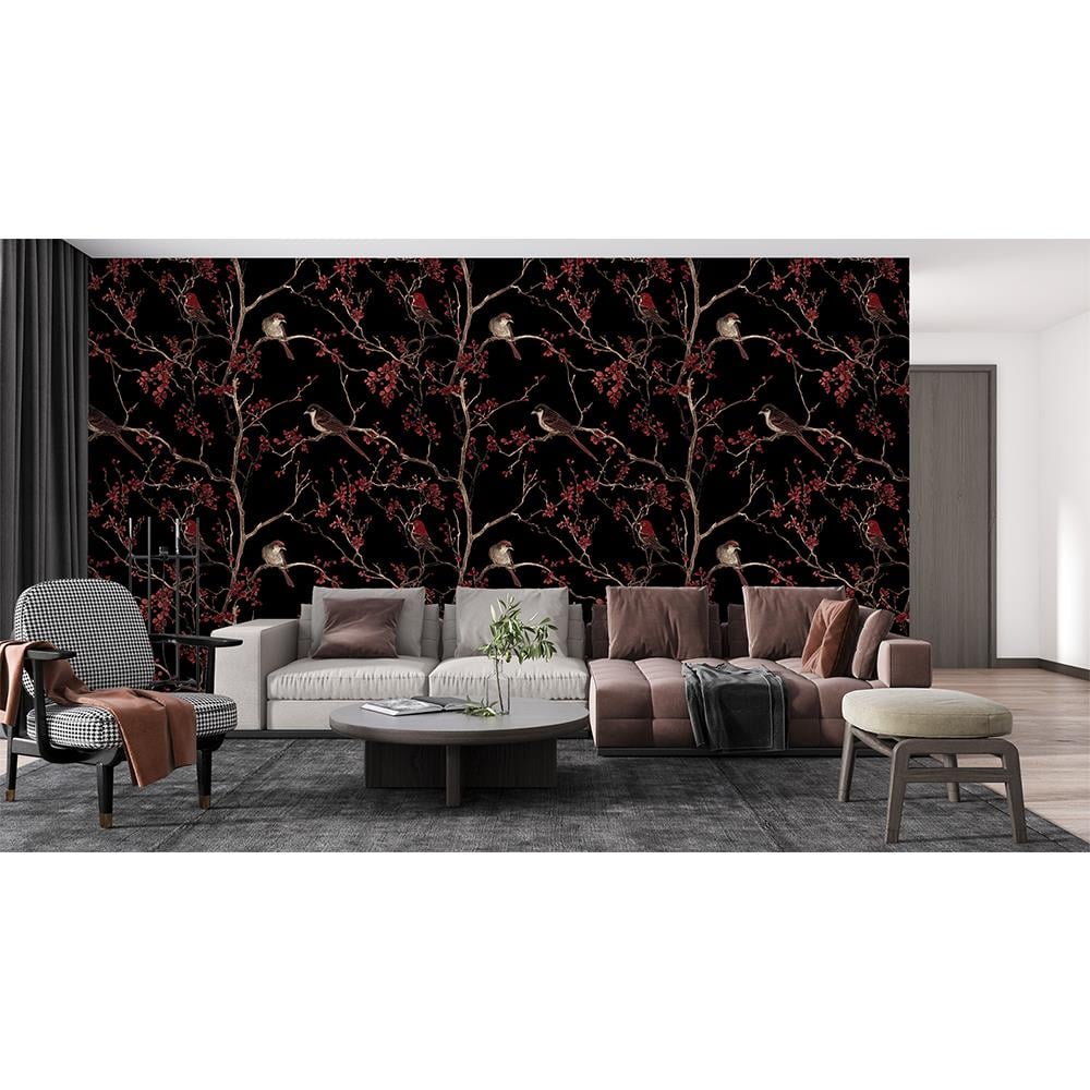 Kırmızı Çiçek ve Kuş Desenli Siyah Duvar Kağıdı