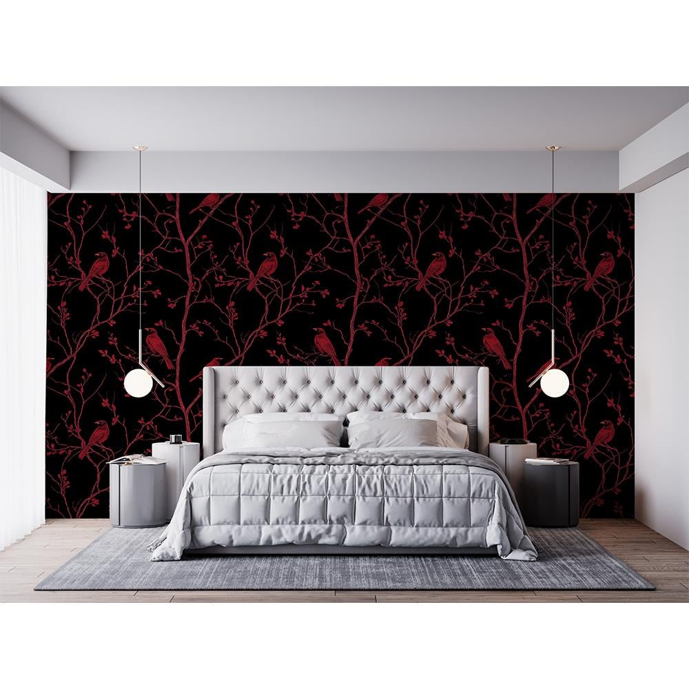 Minimalist Kırmızı Kardinal Kuş Desenli Siyah Duvar Kağıdı