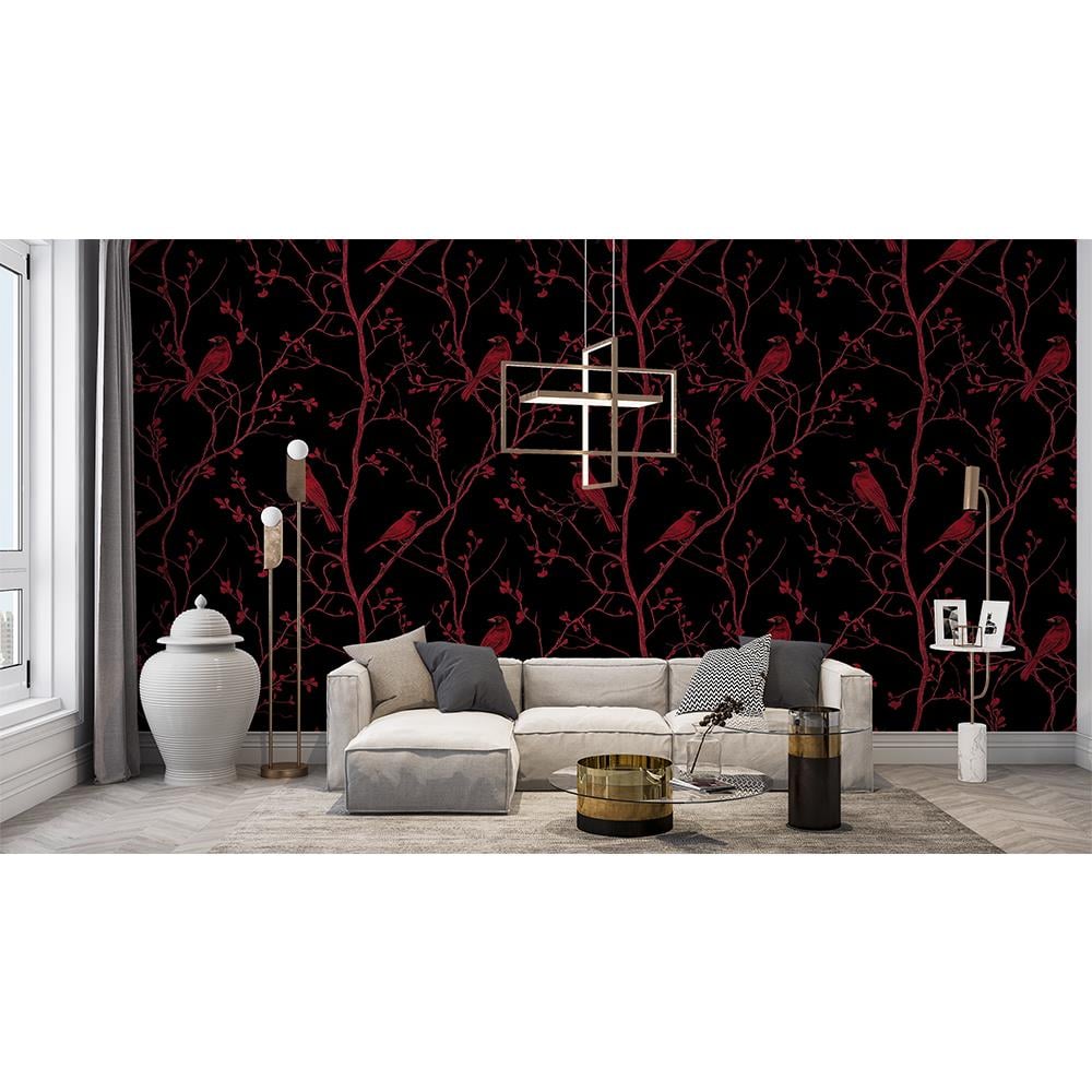 Minimalist Kırmızı Kardinal Kuş Desenli Siyah Duvar Kağıdı