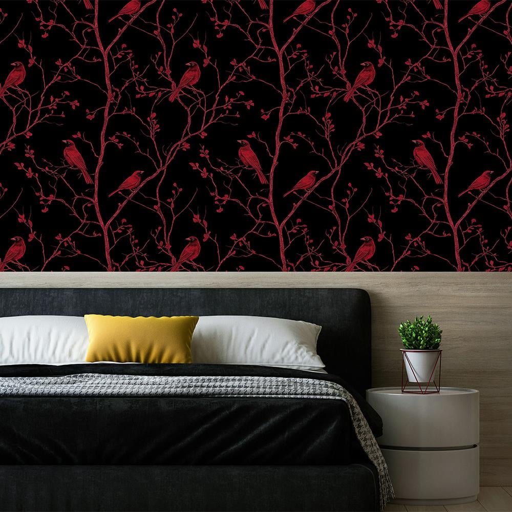 Minimalist Kırmızı Kardinal Kuş Desenli Siyah Duvar Kağıdı
