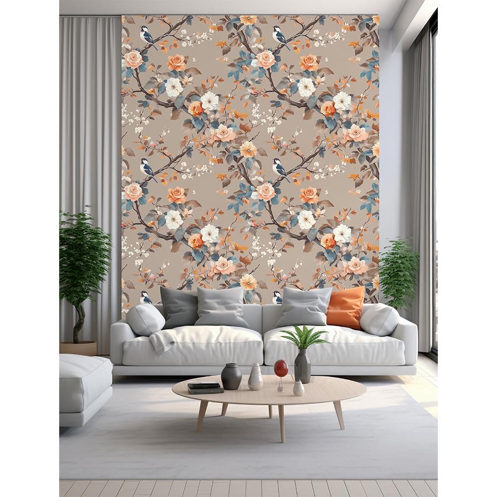 Pastel Tonlarda Kuş ve Çiçek Motifli Duvar Kağıdı