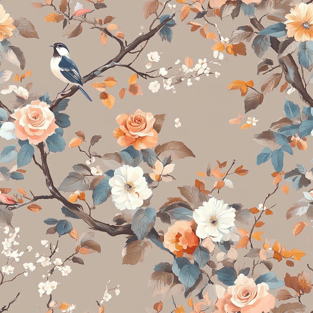 Pastel Tonlarda Kuş ve Çiçek Motifli Duvar Kağıdı